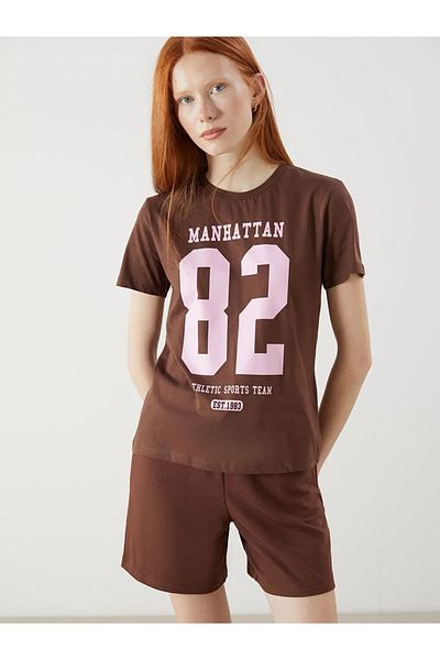 LC Waikiki Tricou de damă XSIDE maro cu decolteu rotund imprimat