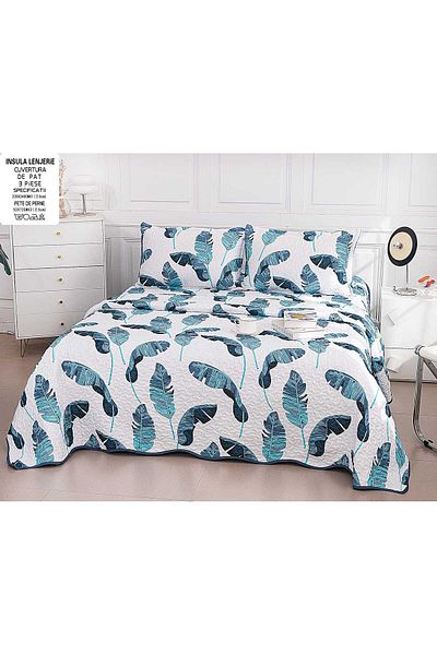 FIONNA.RO Double-Sided Quilted Cotton Blanket - Turquoise Leaves