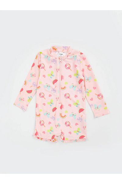 LC Waikiki Lcw Kids Pink Printed Girls Swimsuit with Shorts