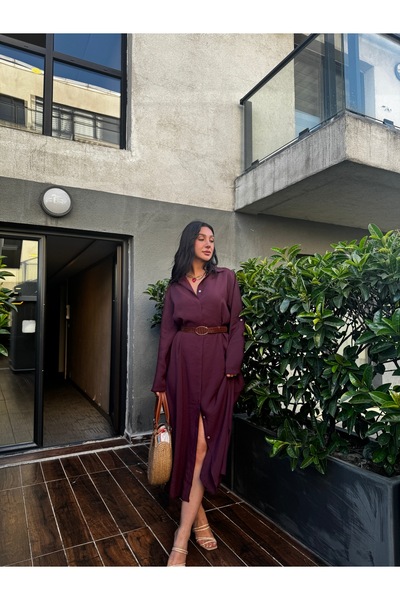 Fast Perry Kadın Bordo Modal Kumaş Kemerli Gömlek Elbise