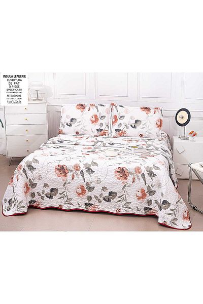FIONNA.RO Double-Sided Quilted Cotton Blanket - Brick Roses