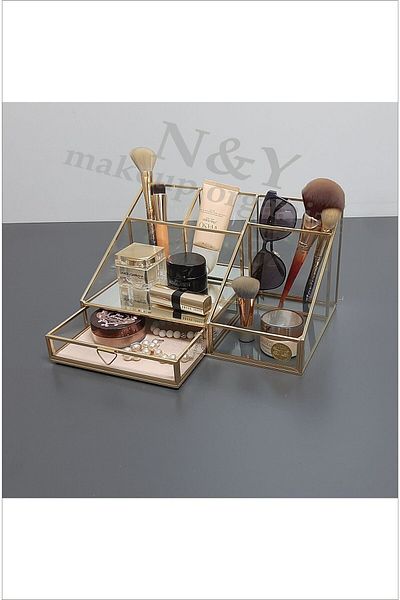 N&Y makeup organizer منظم مكياج زجاجي صغير من النحاس kkk318 (28 سم..) ذهبي ناعم