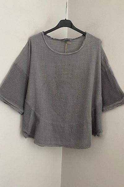 AYASOFYA OTANTIK Women's Gray Sleeves Mesh Stone Short Sleeve Oval Blouse