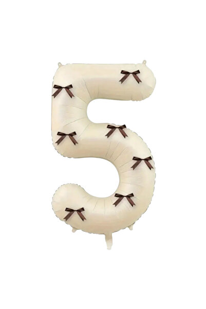 PartyPoo Beige Number Foil Balloon with Brown Bow 80cm 34 Inch Bow Balloon, R...