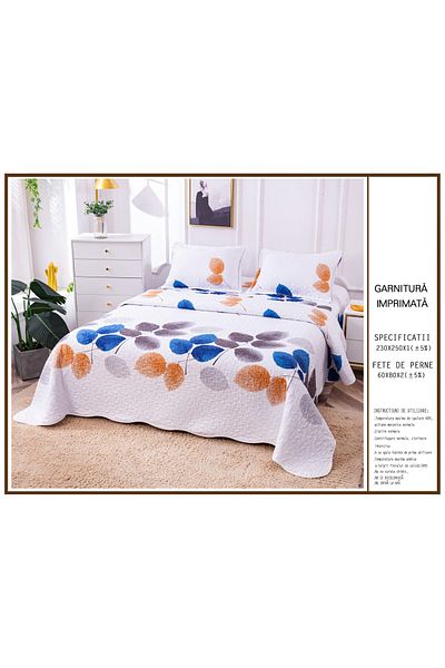 FIONNA.RO Double-Sided Quilted Cotton Blanket - White With Feathers