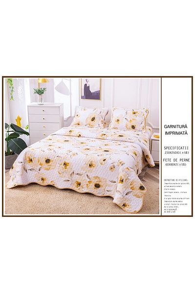 FIONNA.RO Quilted Cotton Quilt with Two Sides - Yellow with Flowers