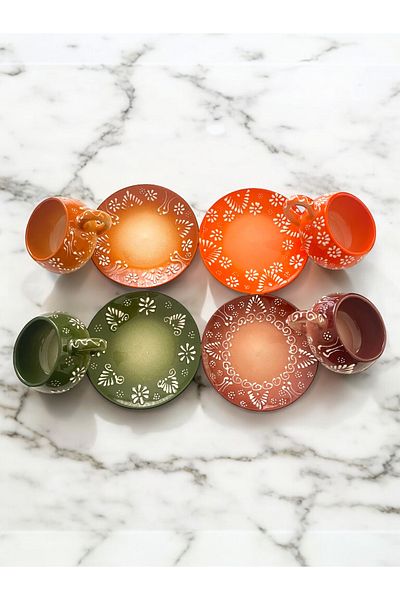 Artistic Quality Decorative Stylish Design Fully Handmade Green, Orange, Blue and Brown 3-Person Coffee Cup