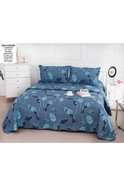 FIONNA.RO Double-Sided Quilted Cotton Blanket - Turquoise Leaves