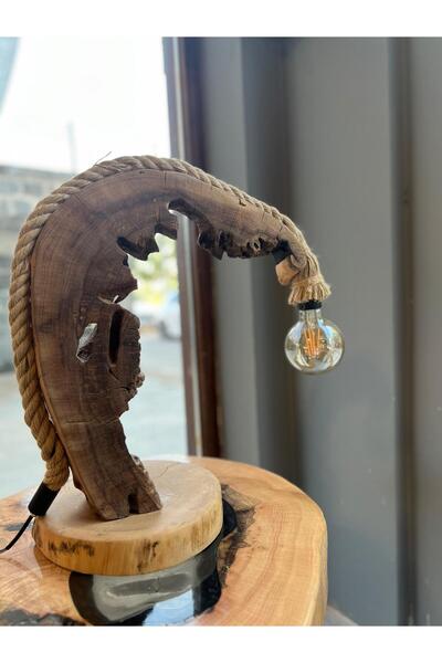 SUR AHŞAP EPOKSİ Ceviz Ağacından El Yapımı Ahşap Masaüstü Lambader - Siyah/Yeşil Desen/Parlak - 40*38 cm