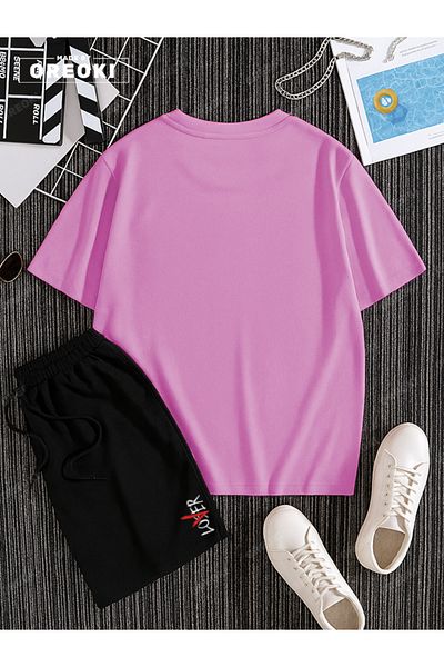 EFFRENATU Not a Lover Loser Printed Cotton Unisex Pink T-Shirt-Black Shorts Set