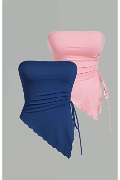 Marin Star Σετ 2 Navy Blue Pink Asymmetric Side Gathered Stretchy καλοκαιρινή μπλούζα, Gathered Pink Navy Blue Lycra Strapless