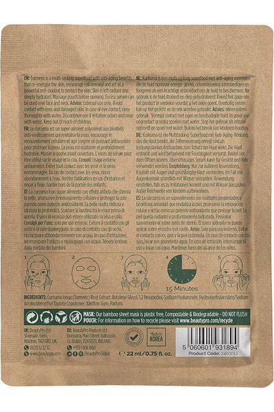 BEAUTYPRO Beauty Pro Turmeric Infused Sheet Mask - Turmeric, Sugar Cane, Soya Bean. Plant Based & Vegan