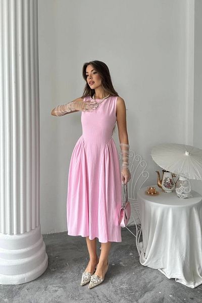 ZORM Pink Midi Length Linen Dress with Gathered Sides