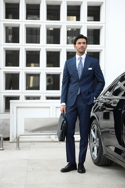AEK FIORE Men's Navy Blue Striped Suit
