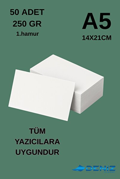 Deniz Karton 50 Adet | A5 Boy 1. Hamur Baskı Kağıdı - 250 Gram - Davetiye Kağ...
