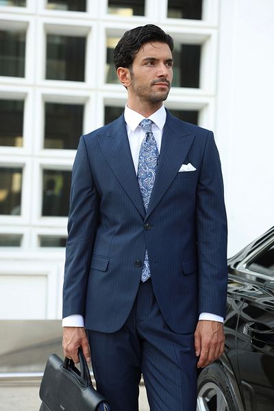 AEK FIORE Men's Navy Blue Striped Suit