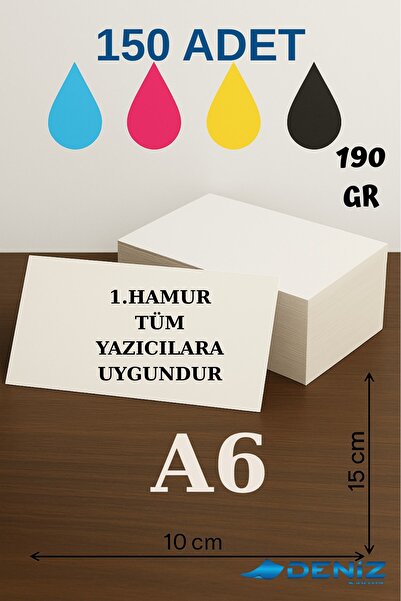 Deniz Karton 150 Adet | A6 Boy 1. Hamur Baskı Kağıdı - 190 Gram - Davetiye Ka...
