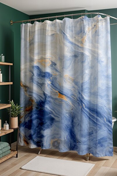 EVPANYA Banyo Perdesi, Mavi Tonlarda Mermer Desenli Duş Perdesi, Küvet Perdesi 175x200cm