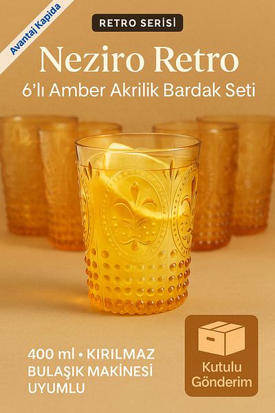 Avantaj Kapıda Neziro Set of 6 Amber Unbreakable Acrylic Glasses 400 ml Water Soft Drink Coffee Side