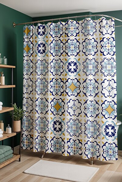 EVPANYA Banyo Perdesi, Sarı Mavi Çini Desenli Duş Perdesi, Küvet Perdesi 175x200cm