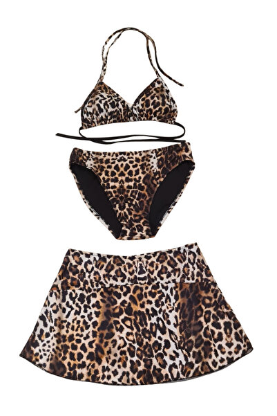 Glowzia Açık Leopar Desenli 3 lü Kadın Üçgen Etekli Bikini Takımı