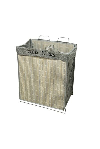 HONEYBEE سلة غسيل من الخيزران مفتوحة من الأعلى ومزدوجة القسم مع مقبض باللونين...