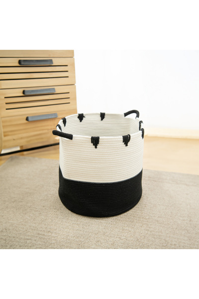 HONEYBEE سلة غسيل دائرية مفتوحة من الأعلى بمقبض باللونين الأبيض والأسود