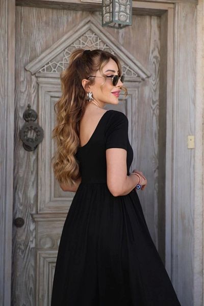 nedo7 Women's Short Sleeve Round Neck Front Slit Pocket Viscose Long Dress