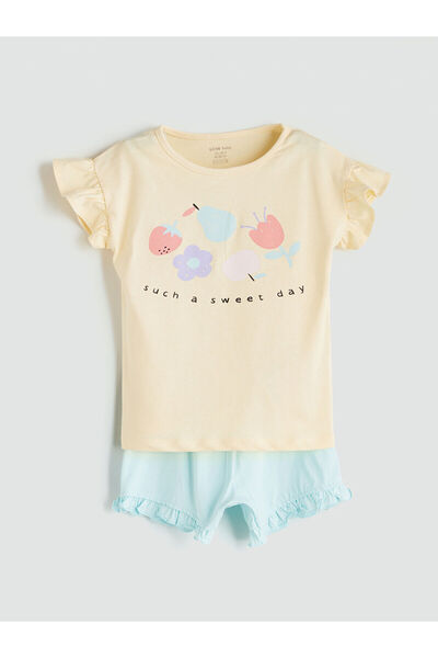 LC Waikiki مجموعة إلسيفا تي شيرت وشورت مطبوع برقبة دائرية باللون الأصفر للفتي...