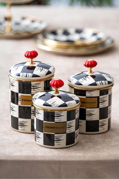 ACAR Checkerboard Patterned 3-Piece Jar/Spice Bowl Set - Slk-185