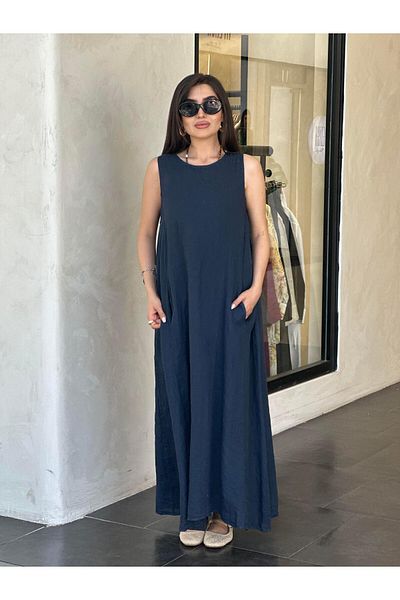 Ranasubaşı 100% Linen Zero Sleeve Dress Navy Blue