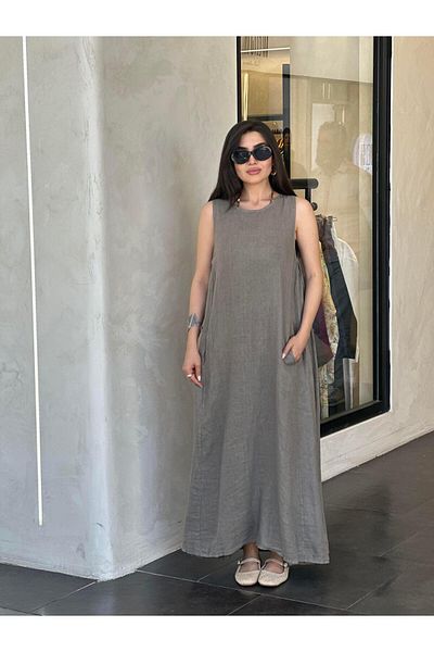 Ranasubaşı 100% Linen Zero Sleeve Dress Mink