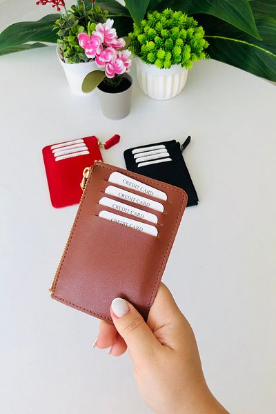 derius Mia 8 Card Compartment Double Sided Tan Super Slim Card Holder (Zipper Compartment)
