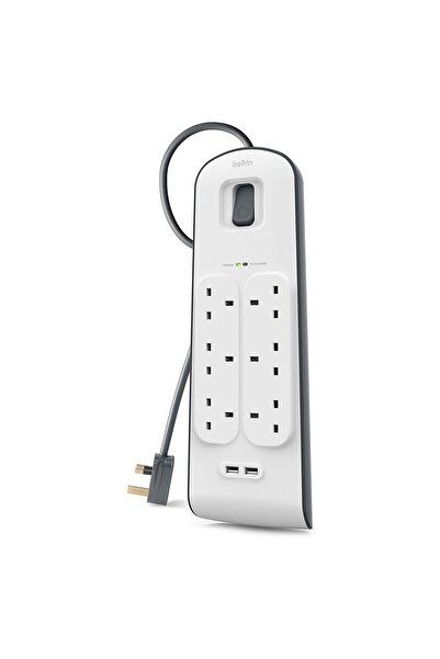 Belkin 6 Way 2 Meter Surge Protection Strip with x 2.4 Ampere USB Charging