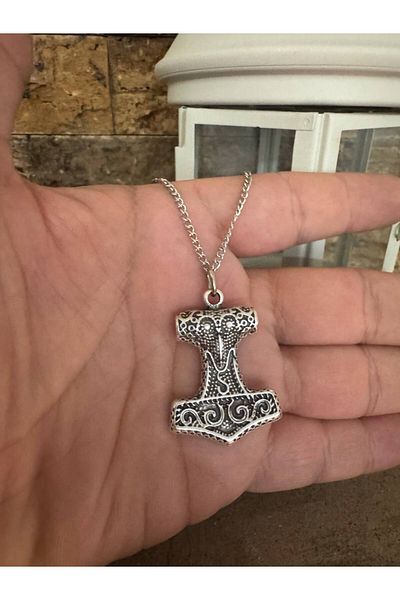 Herşey Nota Kiss of Leather Thor's Hammer (Mjölnir) Figured Unisex Necklace – 60 cm Chain, Viking Symbol