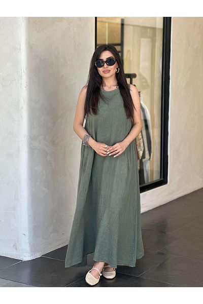 Ranasubaşı 100% Linen Zero Sleeve Dress Khaki
