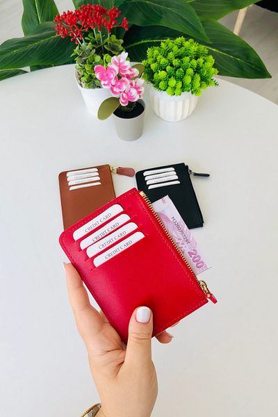 derius Mia 8 Card Slots Double Sided Red Super Slim Card Holder (Zipper Compartment)