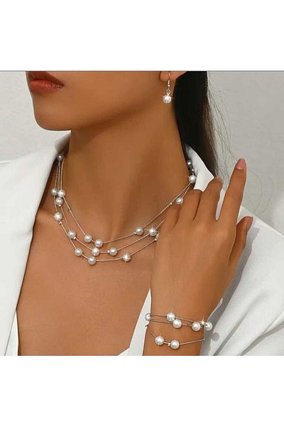 TUHAM AKSESUAR Lake Coating Silver Pearl Jewelry Set