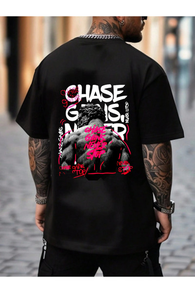 Frisson Tricou unisex din bumbac negru, oversize, cu decolteu rotund, confort...