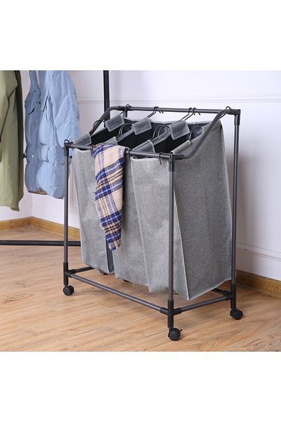HONEYBEE Easy to Assemble and Portable Removable Tripple Bag Laundry Sorter Grey