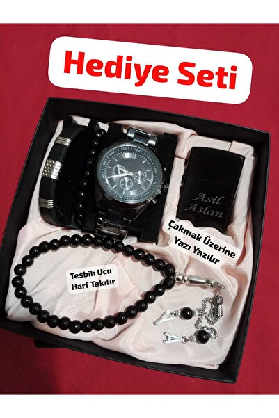 Brality Özel Kutulu Erkek Kombin Hediyelik Set- Çelik Kol Saati Çakmak Tesbih...