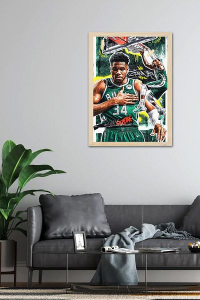 Saturn Giannis Antetokounmpo Framed Painting - Milwaukee Bucks Nba Poster Painting