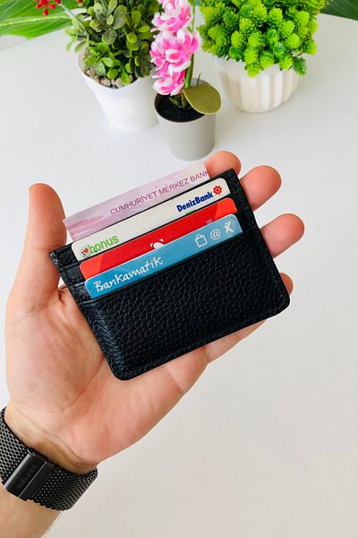 derius Unisex Genuine Leather Slim Model Black Card Holder Wallet