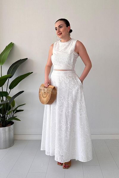 MaziButik Set Fisto cu fusta evazata alb