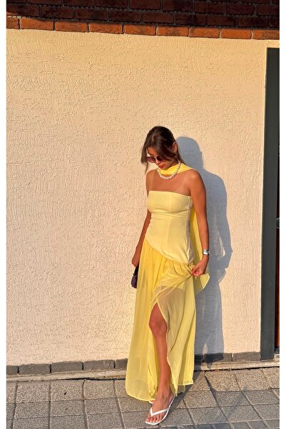 Yuli Sarı Straplez Elbise/mezuniyet Elbisesi/gece Elbisesi/davet Elbisesi/tül Detaylı Abiye Elbise