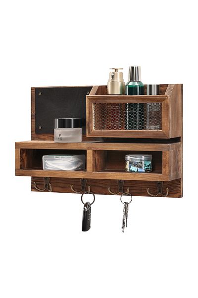 Lawazim Wall Organizer - Pine Wood Shelf with Hooks, Chalkboard & Basket for Entryway Use