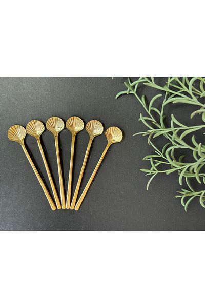 Dia Set of 6 Gold Mussel Spoons & Teaspoons & Dessert Spoons & Mixing Spoons