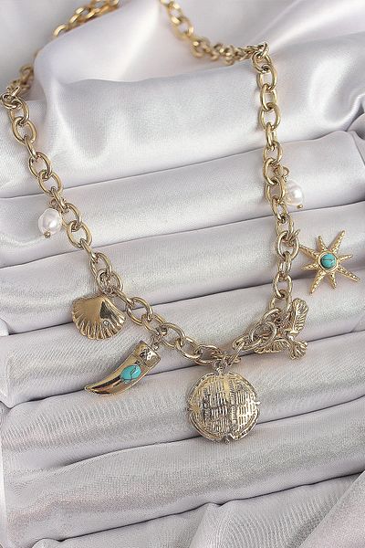 Skygo 316L Steel Gold Color Chain Dangle Multiple Figure Model Women's Necklace - Tj-Bko9849