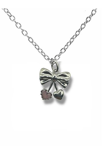 Herşey Nota Unisex Necklace with Pink Stone Heart Bow Figure – 60 cm Chain, Romantic and Elegant Design