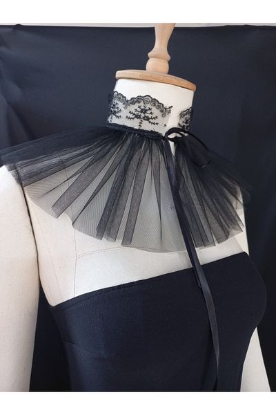es moda shop Noctera Lace Detailed Tulle Neck Collar Black